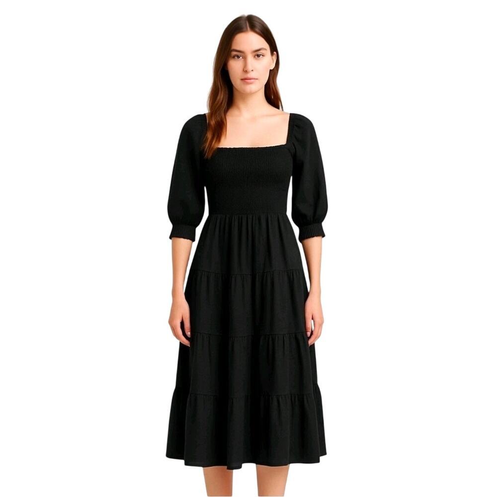 Nwt Hill House Nesli Nap Dress Black Smocked Bodice Midi Size Medium